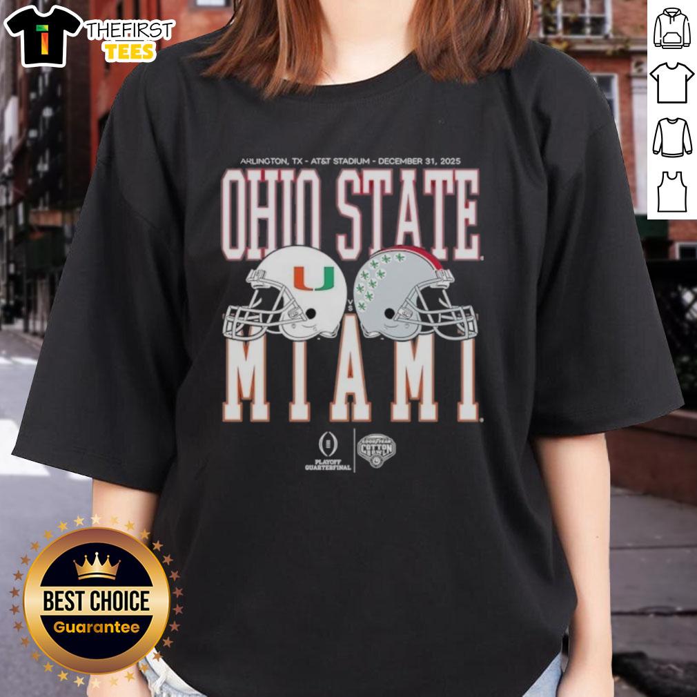 top-miami-hurricanes-vs-ohio-state-buckeyes-playoff-quarterfinal-2026-ladies-tee 2026 Miami Hurricanes vs Ohio State Buckeyes playoff quarterfinal ladies tee showcasing team logos and vibrant colors.