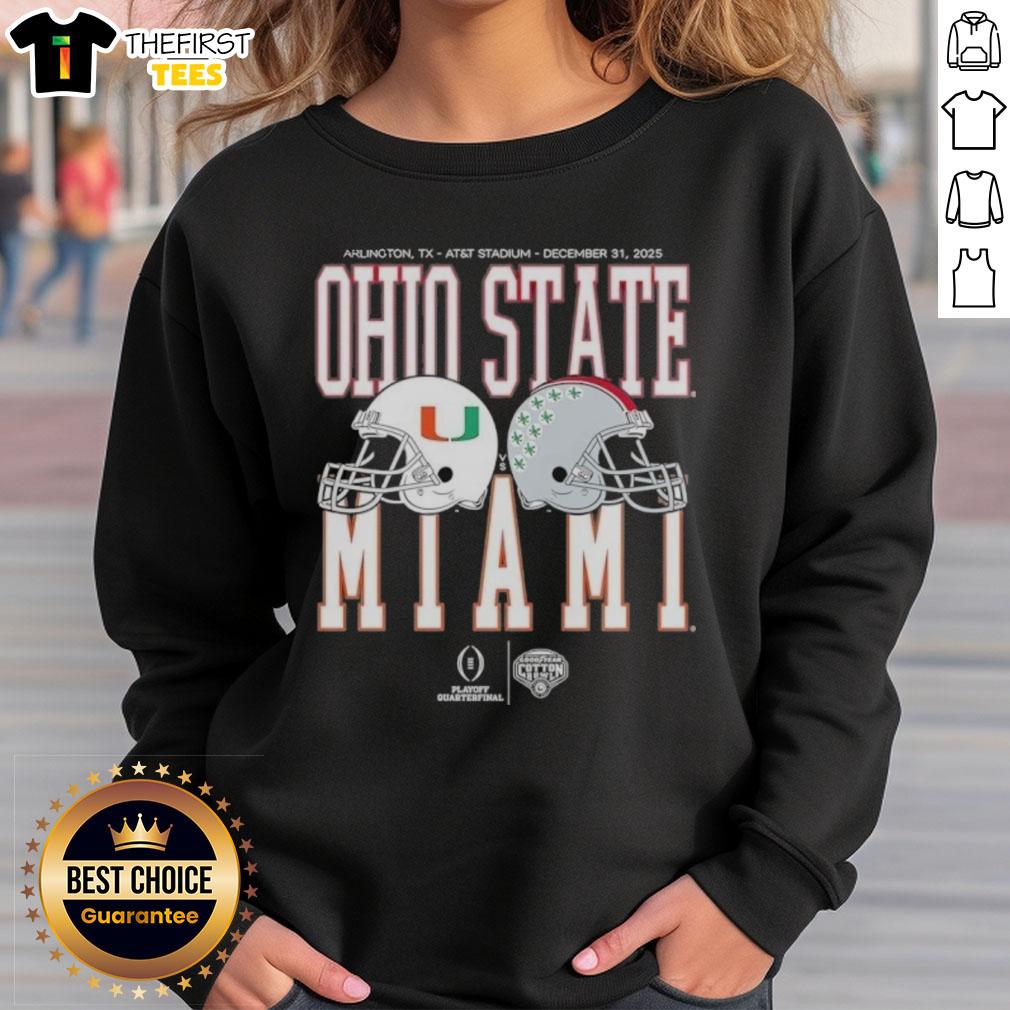 top-miami-hurricanes-vs-ohio-state-buckeyes-playoff-quarterfinal-2026-sweatshirt 2026 Miami Hurricanes vs Ohio State Buckeyes playoff quarterfinal sweatshirt showcasing team logos and vibrant colors.