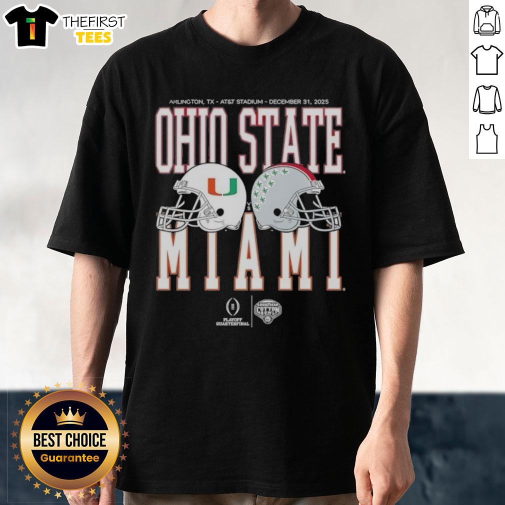 top-miami-hurricanes-vs-ohio-state-buckeyes-playoff-quarterfinal-2026-t-shirt 2026 playoff quarterfinal T-shirt featuring Miami Hurricanes vs Ohio State Buckeyes design, perfect for fans.