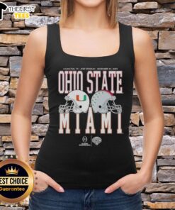 Miami Hurricanes vs. Ohio State Buckeyes 2026 playoff quarterfinal tank top featuring team logos and vibrant colors.