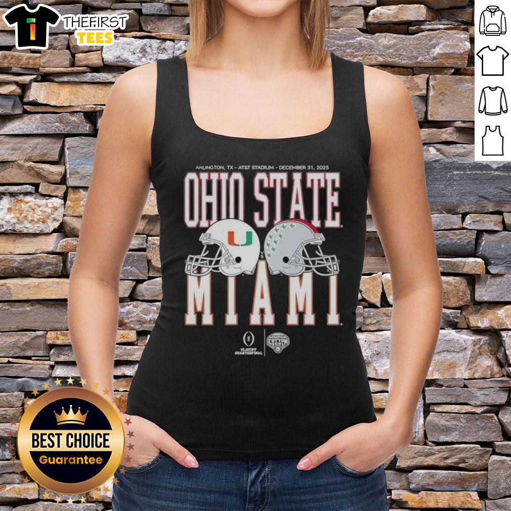 top-miami-hurricanes-vs-ohio-state-buckeyes-playoff-quarterfinal-2026-tank-top Miami Hurricanes vs. Ohio State Buckeyes 2026 playoff quarterfinal tank top featuring team logos and vibrant colors.