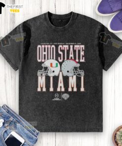 2026 Playoff Quarterfinal: Miami Hurricanes vs Ohio State Buckeyes washed t-shirt featuring team logos and vibrant colors.