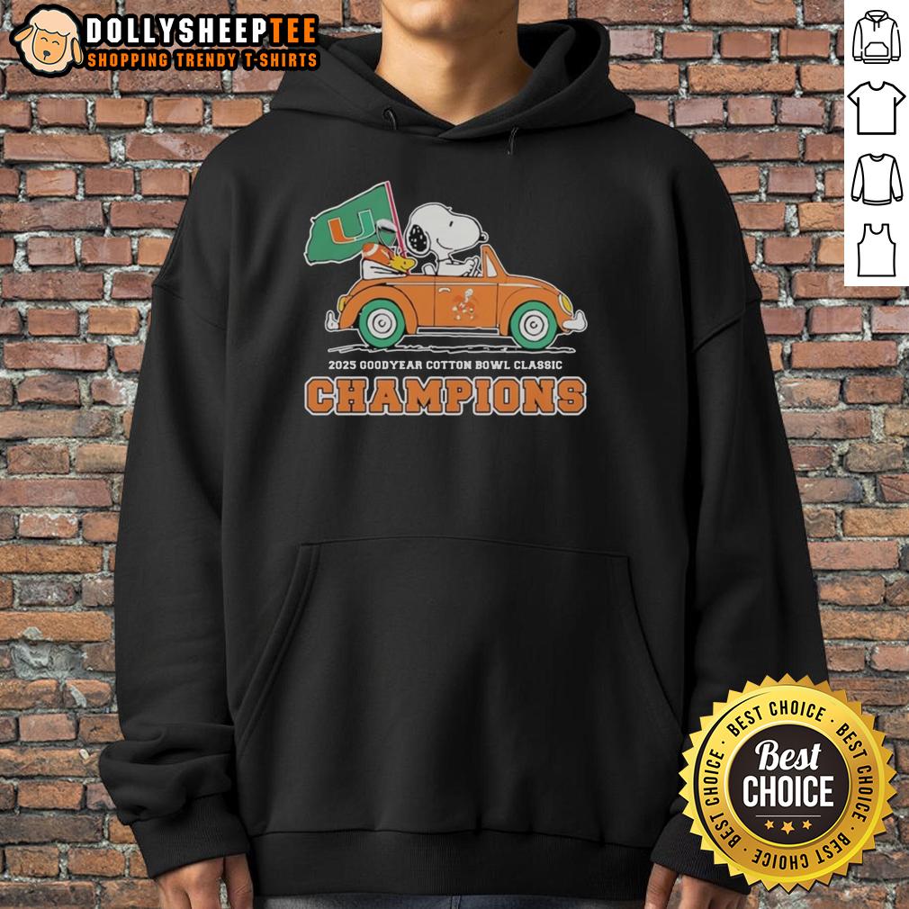 Top Miami Hurricanes With Snoopy And Woodstock Riding Car Goodyear Cotton Bowl Classic Champions Hoodie Alt Text: Miami Hurricanes hoodie featuring Snoopy and Woodstock celebrating the Cotton Bowl Classic Champions.