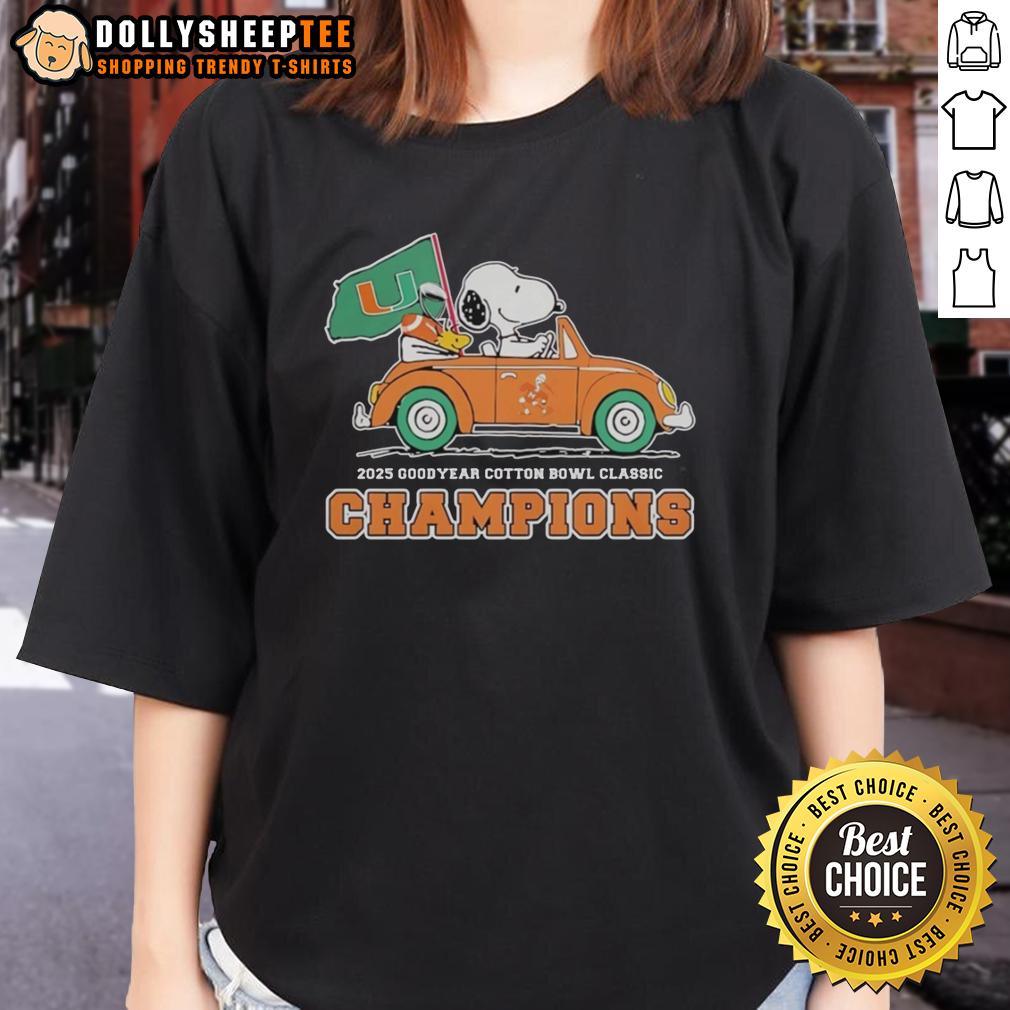 Top Miami Hurricanes With Snoopy And Woodstock Riding Car Goodyear Cotton Bowl Classic Champions Ladies-Tee Miami Hurricanes champions tee featuring Snoopy and Woodstock riding in a car, perfect for fans of the Goodyear Cotton Bowl.