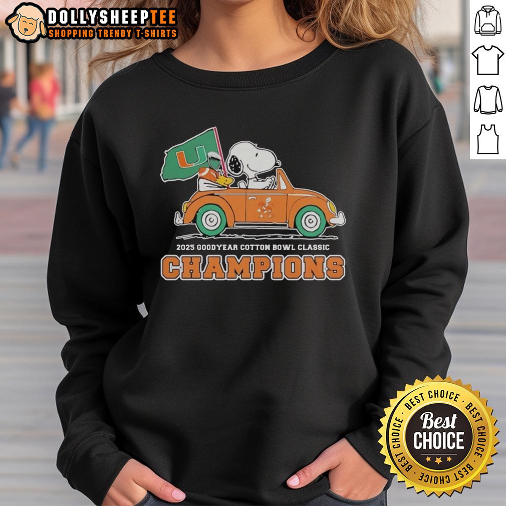 Top Miami Hurricanes With Snoopy And Woodstock Riding Car Goodyear Cotton Bowl Classic Champions Sweatshirt Miami Hurricanes sweatshirt featuring Snoopy and Woodstock celebrating Cotton Bowl Classic champions.