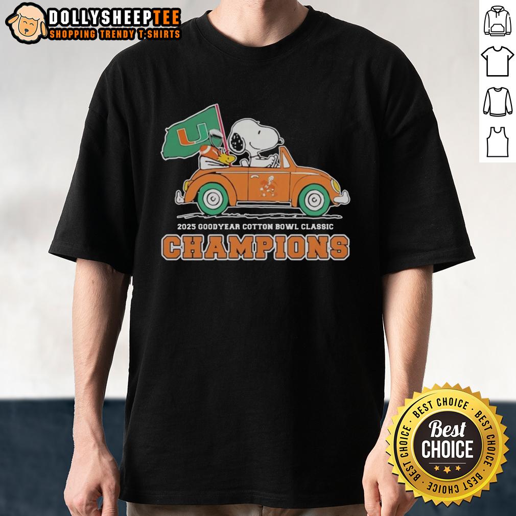 Top Miami Hurricanes With Snoopy And Woodstock Riding Car Goodyear Cotton Bowl Classic Champions T-Shirt Top Miami Hurricanes T-shirt featuring Snoopy and Woodstock in a car, celebrating Goodyear Cotton Bowl Classic Champions.