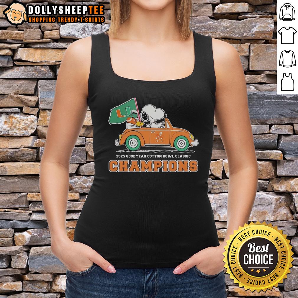 Top Miami Hurricanes With Snoopy And Woodstock Riding Car Goodyear Cotton Bowl Classic Champions Tank Top Alt Text: Miami Hurricanes tank top featuring Snoopy and Woodstock celebrating Cotton Bowl Classic Champions.