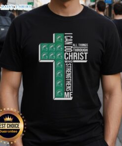 Alt Text: Top Michigan State Spartans Women's Basketball 'I Can Do All Things Through Christ' T-Shirt design in green and white.