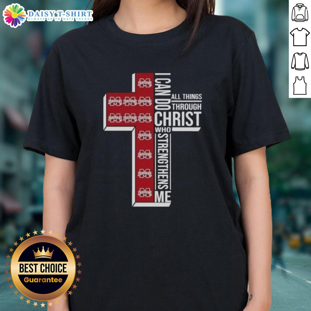 Top Mississippi State Bulldogs Women's Basketball Cross I Can Do All Things Through Christ Ladies-Tee Alt Text: Top Mississippi State Bulldogs women's basketball 'I Can Do All Things Through Christ' ladies tee shirt design.