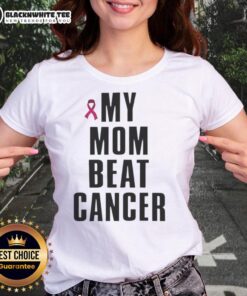 Alt Text: Top My Mom Beat Cancer Pink Ribbon Ladies Tee featuring a stylish pink ribbon design for breast cancer awareness.