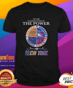 Top Never Underestimate The Power Of New York City Sports Logos Combine T-Shirt showcasing vibrant NYC team logos.