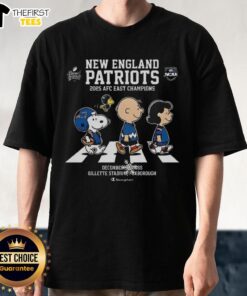 Top New England Patriots 2025 AFC East Champions T-Shirt featuring Snoopy and Peanuts on Abbey Road design.