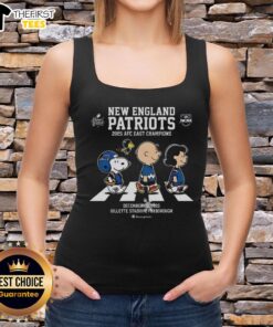 Alt Text: Top New England Patriots 2025 AFC East Champions tank top featuring Snoopy and Peanuts on Abbey Road design.