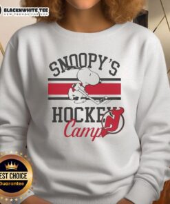 Alt Text: 2026 New Jersey Devils Snoopy's Hockey Camps sweatshirt featuring vibrant team colors and playful Snoopy design.