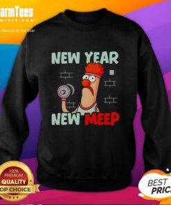 Cartoon sweatshirt featuring 'Top New Year, New Meep' design, perfect for gym enthusiasts celebrating fitness goals.
