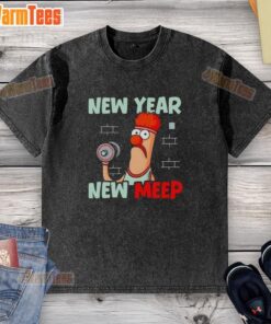 Top New Year New Meep gym cartoon design on a washed t-shirt, perfect for fitness enthusiasts celebrating the new year.