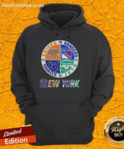 Alt Text: Stylish hoodie featuring top New York City sports logos: Knicks, Rangers, Jets, and Yankees, perfect for fans.