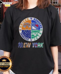 Alt Text: Top New York City Sports logo collage featuring Knicks, Rangers, Jets, and Yankees on a ladies tee.