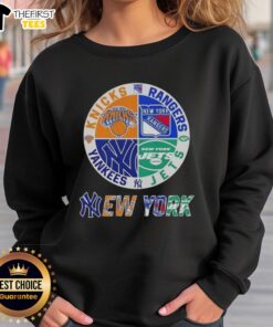 Top New York City Sports Knicks, Rangers, Jets, and Yankees logos on a trendy combine sweatshirt design.