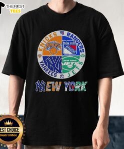 Top New York City sports t-shirt featuring Knicks, Rangers, Jets, and Yankees logos combined in a stylish design.