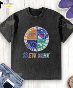 Alt Text: Top New York City sports logos on a combined washed t-shirt featuring Knicks, Rangers, Jets, and Yankees.