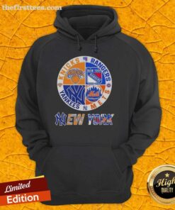 Top New York City Sports Knicks Rangers Mets Yankees logos combine hoodie design featuring iconic team emblems.