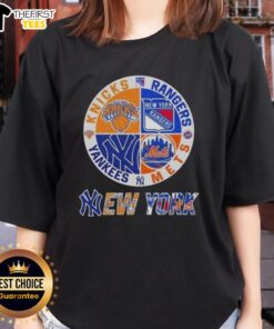 Top New York City sports logos combined on a ladies tee featuring Knicks, Rangers, Mets, and Yankees designs.
