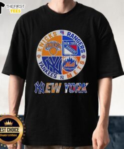 Alt Text: Top New York City Sports Knicks Rangers Mets Yankees logos on a stylish combine t-shirt for sports fans.