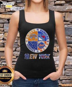 Stylish tank top featuring combined logos of Knicks, Rangers, Mets, and Yankees, perfect for NYC sports fans.