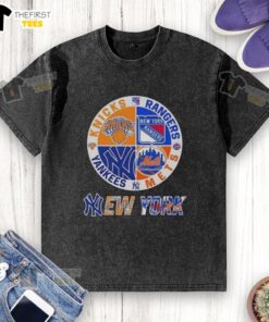 Top New York City Sports Knicks, Rangers, Mets, Yankees logos combined on a washed t-shirt for fans.