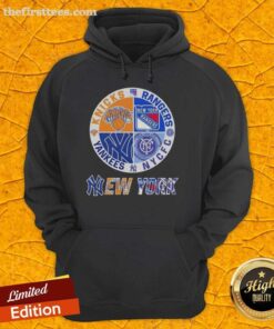Alt Text: Top New York City sports hoodie featuring Knicks, Rangers, NYC FC, and Yankees logos in a stylish design.