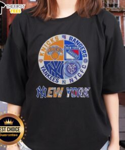 Alt Text: Top New York City sports logos combined on a ladies tee featuring Knicks, Rangers, NYC FC, and Yankees.