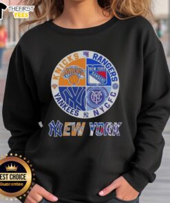 Top New York City sports logos sweatshirt featuring Knicks, Rangers, NYC FC, and Yankees designs for fans.