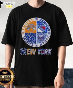 Top New York City sports t-shirt featuring Knicks, Rangers, NYC FC, and Yankees logos for fans of NYC teams.