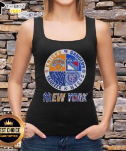 Top New York City Sports tank top featuring Knicks, Rangers, NYC FC, and Yankees logos in vibrant colors.