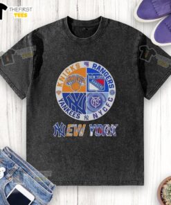 Top New York City sports logos on a washed t-shirt: Knicks, Rangers, NYC FC, and Yankees for NYC sports fans.