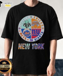 Alt Text: Top New York City Sports T-Shirt featuring Liberty, Knicks, Giants, and Mets logos in a stylish design.