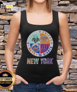 Alt Text: Top New York City sports tank top featuring logos of the Liberty, Knicks, Giants, and Mets in vibrant colors.