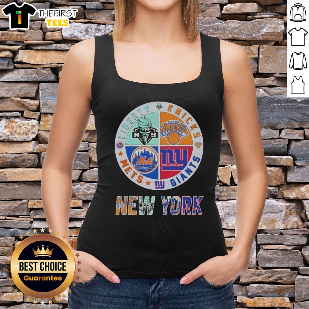 top-new-york-city-sports-liberty-knicks-giants-mets-logos-combine-tank-top Alt Text: Top New York City sports tank top featuring logos of the Liberty, Knicks, Giants, and Mets in vibrant colors.