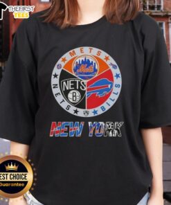 Top New York City sports logos including Mets, Bills, and Nets on a ladies tee, perfect for passionate fans.