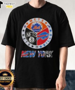 Alt Text: Top New York City Sports Mets Bills Nets logos on a stylish combine t-shirt for fans.