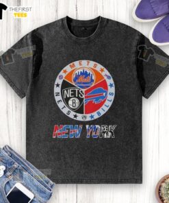 Alt Text: Top New York City sports logos on a washed T-shirt: Mets, Bills, and Nets for fans of NYC teams.