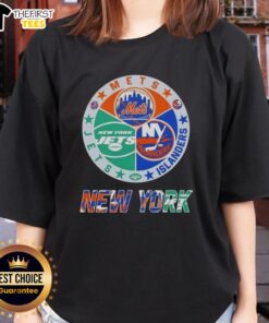 Alt Text: Top New York City sports logos on a ladies tee featuring Mets, Islanders, and Jets designs for fans.
