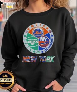 Alt Text: Stylish combine sweatshirt featuring logos of New York Mets, Islanders, and Jets for sports fans in NYC.