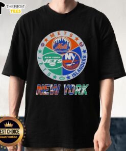 Top New York City Sports Mets Islanders Jets Logos Combine T-Shirt featuring iconic team logos in vibrant colors.