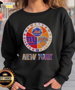 Alt Text: Top New York City Sports sweatshirt featuring Mets, Knicks, and Giants logos for fans of NYC teams.