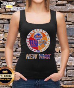 Alt Text: Top New York City Sports logos on a tank top: Mets, Knicks, and Giants for passionate fans and trendy style.