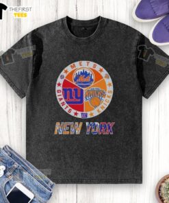 Top New York City sports logos for Mets, Knicks, and Giants on a combined washed t-shirt design.