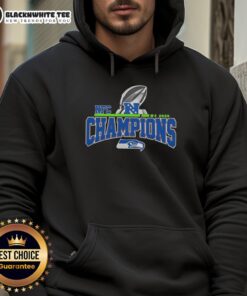 Alt Text: 2025-2026 Seattle Seahawks hoodie celebrating top NFC Division Champions, featuring team colors and logo.
