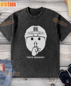 Alt Text: Top Nikita Kucherov 86 Tampa Bay Lightning Shhh Celly Washed T-Shirt featuring vibrant graphics and comfortable fit.
